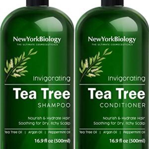 New York Biology Tea Tree Shampoo and Conditioner Set – Deep Cleanser – Relief for Dandruff and Dry Itchy Scalp – Therapeutic Grade - Helps Promote Hair Growth – 16.9 fl Oz