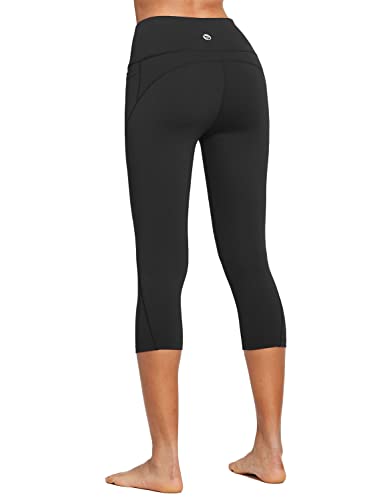 BALEAF Women's Capri Leggings Workout Yoga Running Capris High Waisted Pull On Cropped Leggings with Pockets Black M