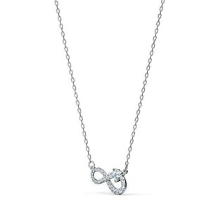 Swarovski Infinity Pendant Necklace with a White Crystal Heart Set on Crystal Pavé Infinity Symbol on a Rhodium Plated Chain