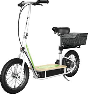 ecosmart metro electric scooter – padded seat, wide bamboo deck, 16" air-filled tires, 500w high-torque motor, up to 18 mph, 12-mile range, rear-wheel drive