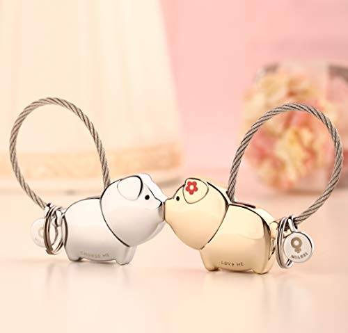 MILESI Custom Personalized Kiss Pig Couple Keychain with Magnetic Cute Couple Gift Valentine's Present(silver-lightgold)