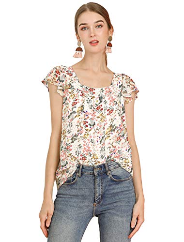 Allegra K Women's Chiffon Ruffle Sleeve Top Layered Vintage Ditsy Floral Blouse Large White