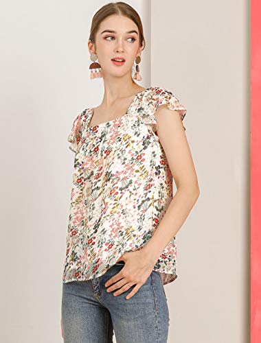 Allegra K Women's Chiffon Ruffle Sleeve Top Layered Vintage Ditsy Floral Blouse Large White