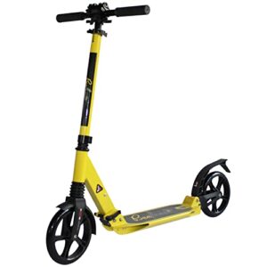 bee free 2 wheel kick scooter for adults and teens, adjustable handlebars, premium durable aluminum construction, foldable, rear foot brake and anti-shock suspension, ages 12+, up to 200 lbs, yellow