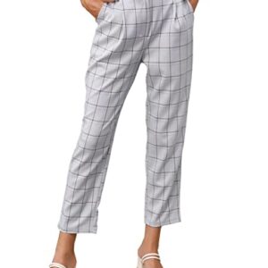 Women Pants Elastic Waist Plaid Pants with Pockets Medium