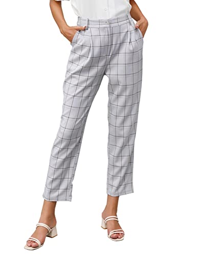 Women Pants Elastic Waist Plaid Pants with Pockets Medium