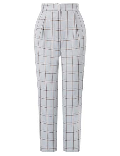 Women Pants Elastic Waist Plaid Pants with Pockets Medium