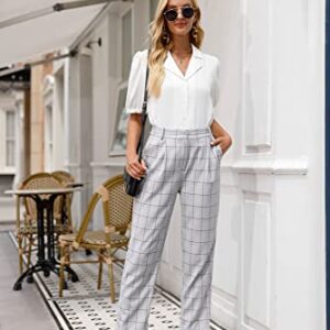 Women Pants Elastic Waist Plaid Pants with Pockets Medium