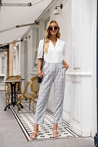 Women Pants Elastic Waist Plaid Pants with Pockets Medium