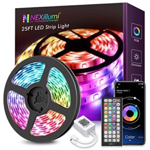 nexillumi 25ft led strip lights, app control music sync color changing led light strip, smd 5050 rgb led tape lights with ir remote (app+remote+mic+3-button switch).