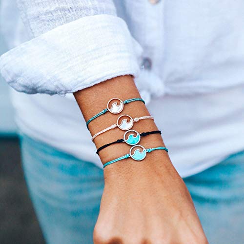 Pura Vida Silver Stone Wave Bracelet w/Plated Charm - Adjustable Band, 100% Waterproof - Crystal Blue