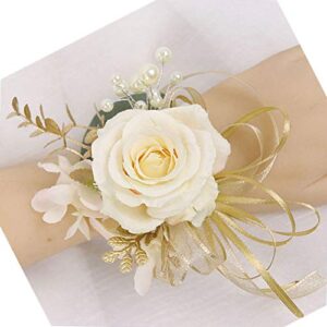 usix 2pc pack-handmade artificial flower rose with gold leaves ribbons artificial pearls wrist corsage hand flower with elastic wristband for girl bridesmaid wedding party prom (wrist corsage)