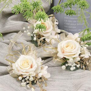 USIX 2pc Pack-Handmade Artificial Flower Rose with Gold Leaves Ribbons Artificial Pearls Wrist Corsage Hand Flower with Elastic Wristband for Girl Bridesmaid Wedding Party Prom (Wrist Corsage)