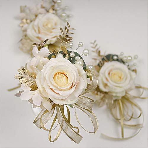 USIX 2pc Pack-Handmade Artificial Flower Rose with Gold Leaves Ribbons Artificial Pearls Wrist Corsage Hand Flower with Elastic Wristband for Girl Bridesmaid Wedding Party Prom (Wrist Corsage)