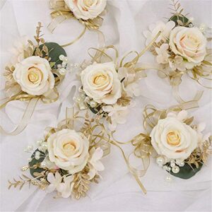 USIX 2pc Pack-Handmade Artificial Flower Rose with Gold Leaves Ribbons Artificial Pearls Wrist Corsage Hand Flower with Elastic Wristband for Girl Bridesmaid Wedding Party Prom (Wrist Corsage)