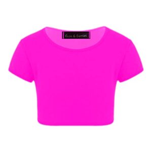 kids girls neon fluorescent plain short sleeve crop tops t-shirt tee top dance wear gymnastic fancy dress colour: neon pink - size: 7-8 years