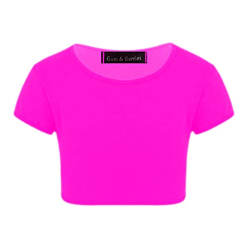 Kids Girls Neon Fluorescent Plain Short Sleeve Crop Tops T-Shirt Tee Top Dance Wear Gymnastic Fancy Dress Colour: Neon Pink - Size: 7-8 Years