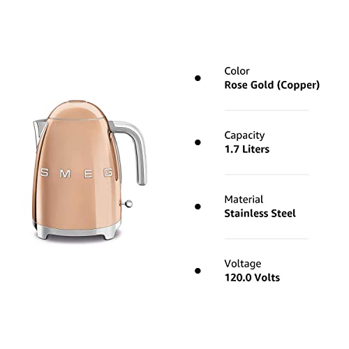 Smeg KLF03RGUS 50's Retro Style Aesthetic Electric Kettle with Embossed Logo, Rose Gold