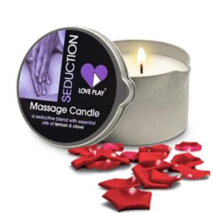 love play seduction massage candle - moisturizing body oil candle for couples and home spa - luxurious & hydrating skin care body massage oils - natural, vegan - lemon & clove (6.76oz)