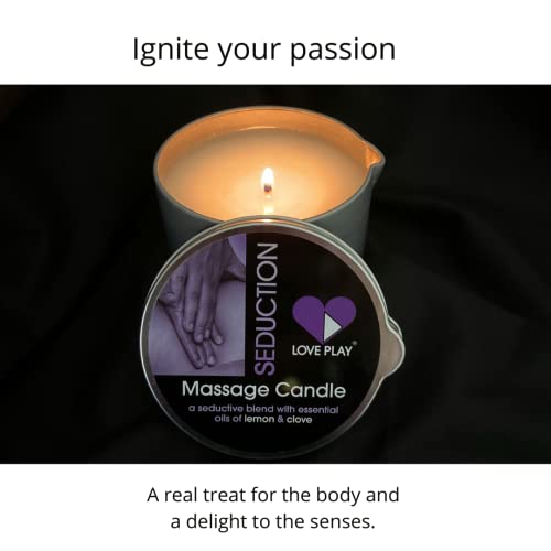 LOVE PLAY Seduction Massage Candle - Moisturizing Body Oil Candle for Couples and Home Spa - Luxurious & Hydrating Skin Care Body Massage Oils - Natural, Vegan - Lemon & Clove (6.76oz)