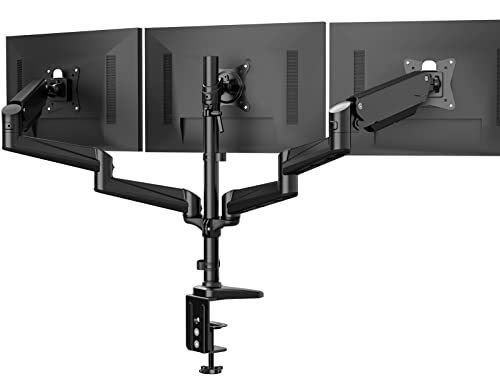 HUANUO Triple Monitor Stand - 3 Monitor Mount with Gas Spring Monitor Arm Fit Three 17 to 32 inch Flat/Curved LCD Computer Screens with Clamp, Grommet Kit, Black