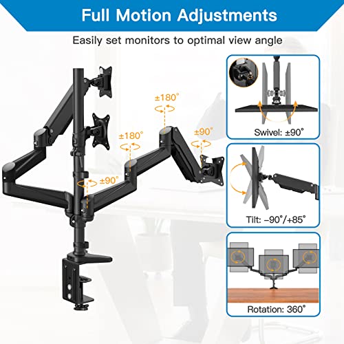 HUANUO Triple Monitor Stand - 3 Monitor Mount with Gas Spring Monitor Arm Fit Three 17 to 32 inch Flat/Curved LCD Computer Screens with Clamp, Grommet Kit, Black