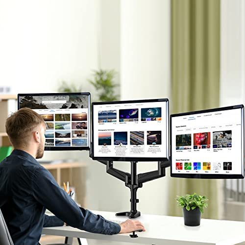 HUANUO Triple Monitor Stand - 3 Monitor Mount with Gas Spring Monitor Arm Fit Three 17 to 32 inch Flat/Curved LCD Computer Screens with Clamp, Grommet Kit, Black