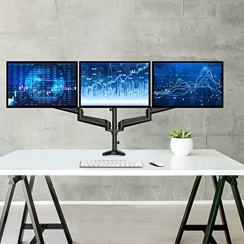 HUANUO Triple Monitor Stand - 3 Monitor Mount with Gas Spring Monitor Arm Fit Three 17 to 32 inch Flat/Curved LCD Computer Screens with Clamp, Grommet Kit, Black