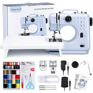 magicfly portable sewing machines, 12 built-in stitches mini sewing machine for beginner with reverse sewing, 3 replaceable feet, extension table, accessory kit, blue