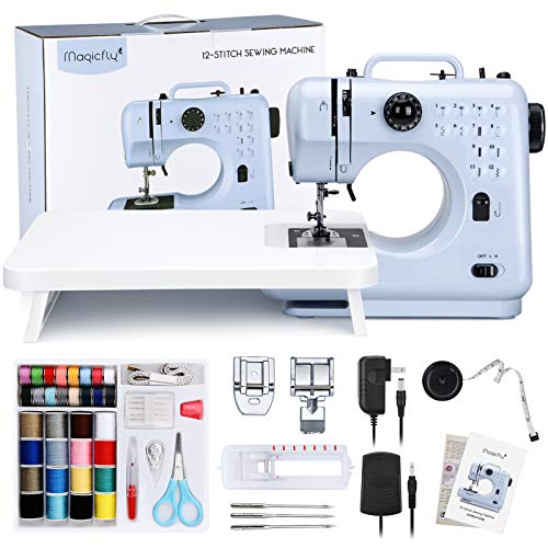 Magicfly Portable Sewing Machines, 12 Built-in Stitches Mini Sewing Machine for Beginner with Reverse Sewing, 3 Replaceable Feet, Extension Table, Accessory Kit, Blue