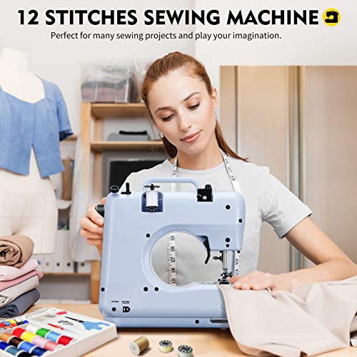 Magicfly Portable Sewing Machines, 12 Built-in Stitches Mini Sewing Machine for Beginner with Reverse Sewing, 3 Replaceable Feet, Extension Table, Accessory Kit, Blue