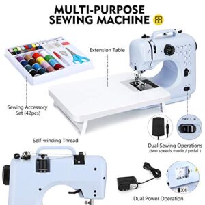 Magicfly Portable Sewing Machines, 12 Built-in Stitches Mini Sewing Machine for Beginner with Reverse Sewing, 3 Replaceable Feet, Extension Table, Accessory Kit, Blue