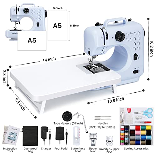 Magicfly Portable Sewing Machines, 12 Built-in Stitches Mini Sewing Machine for Beginner with Reverse Sewing, 3 Replaceable Feet, Extension Table, Accessory Kit, Blue