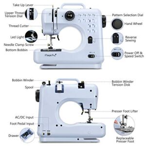 Magicfly Portable Sewing Machines, 12 Built-in Stitches Mini Sewing Machine for Beginner with Reverse Sewing, 3 Replaceable Feet, Extension Table, Accessory Kit, Blue