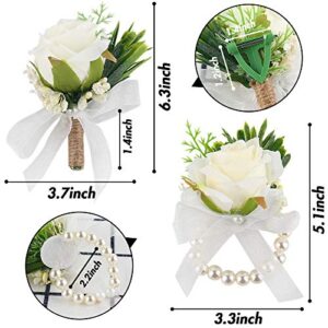 JOHOUSE 2Pcs Rose Wrist Corsage Wristlet Band Bracelet and Men Boutonniere Set,Groom Groomsman Best Man and Girl Brides Wedding Flowers Accessories Prom Suit Decoration,White