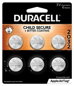 duracell cr2032 3v lithium battery, child safety features, 6 count pack, lithium coin battery for key fob, car remote, glucose monitor, cr lithium 3 volt cell