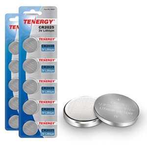 tenergy cr2025 3v lithium button coin cell batteries, ideal for key fob battery cr2025, watches, calculators, thermometers, glucometers, and more, 10 pack