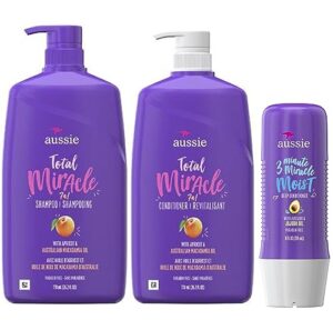 aussie total miracle shampoo, conditioner and 3 minute miracle deep conditioner hair treatment bundle, infused with apricot and australian macadamia oil, paraben free