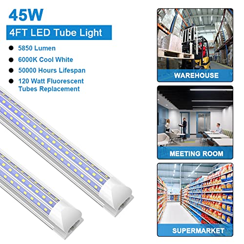 SHOPLED LED Shop Light 4FT, 45W 5850LM 6000K Cool White, Linkable T8 LED Light Fixtures, D-Shaped T8 LED Tube Lights, High Output, Clear Cover, 4 Foot LED Shop Lights for Garage, 4 Pack