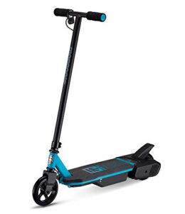mongoose react e1 electric kids scooter, boys & girls ages 8+ max rider weight up to 120lbs, top speed of 6mph, aluminum handlebars and frame, rear foot brake, battery and charger included, blue/black