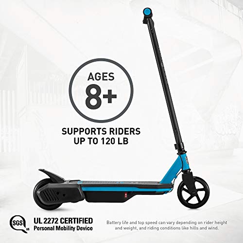 Mongoose React E1 Electric Kids Scooter, Boys & Girls Ages 8+ Max Rider Weight Up to 120lbs, Top Speed of 6MPH, Aluminum Handlebars and Frame, Rear Foot Brake, Battery and Charger Included, Blue/Black