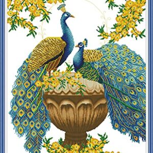 Maydear Cross Stitch Kits Stamped Full Range of Embroidery Starter Kits for Beginners DIY 11CT 3 Strands - Lucky Peacocks 24.02×29.53 inch