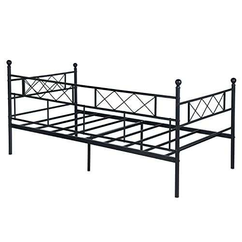 Symylife Twin Daybed Frame MetalTwin Bed with Headboard, Stable Steel Slats Support, Easy Assembly, Mattress Platform Bed Sofa for Living Room Guest Room,Black