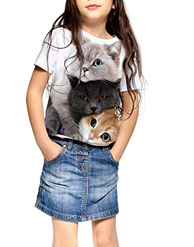 Ainuno Cat Shirts for Girls Boys Kids Cute Summer Clothes Short Sleeve Graphic Tees White Crewneck Size 7 8 Years Old,Cat