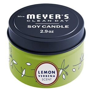 mrs. meyer's clean day soy tin candle, 12 hour burn time, made with soy wax and essential oils, lemon verbena, 2.9 oz