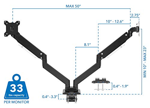 MOUNT-IT! Heavy Duty Dual Monitor Desk Mount with USB 3.0 Ports | 33 lbs Capacity Per Arm | Adjustable Gas Spring, Double Arms for Computer Monitors, Full Motion Articulating, VESA (17-35 inches)