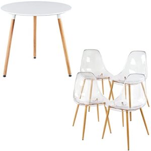 greenforest dining table white modern round table and acrylic ghost dining chairs set of 4, clear dining chairs with crystal transparent seat