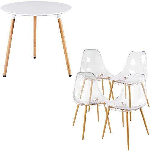 GreenForest Dining Table White Modern Round Table and Acrylic Ghost Dining Chairs Set of 4, Clear Dining Chairs with Crystal Transparent Seat