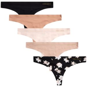 vince camuto women's underwear - 5 pack seamless thong panties (s-xl), size small, black floral/ballet/tan/chai/black