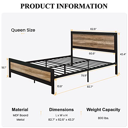 SHA CERLIN Heavy Duty Metal Bed Frame Queen Size, Platform Bed Frame with Wooden Headboard Footboard, 13 Strong Metal Slats Support, No Box Spring Needed, Mattress Foundation, Easy Assembly